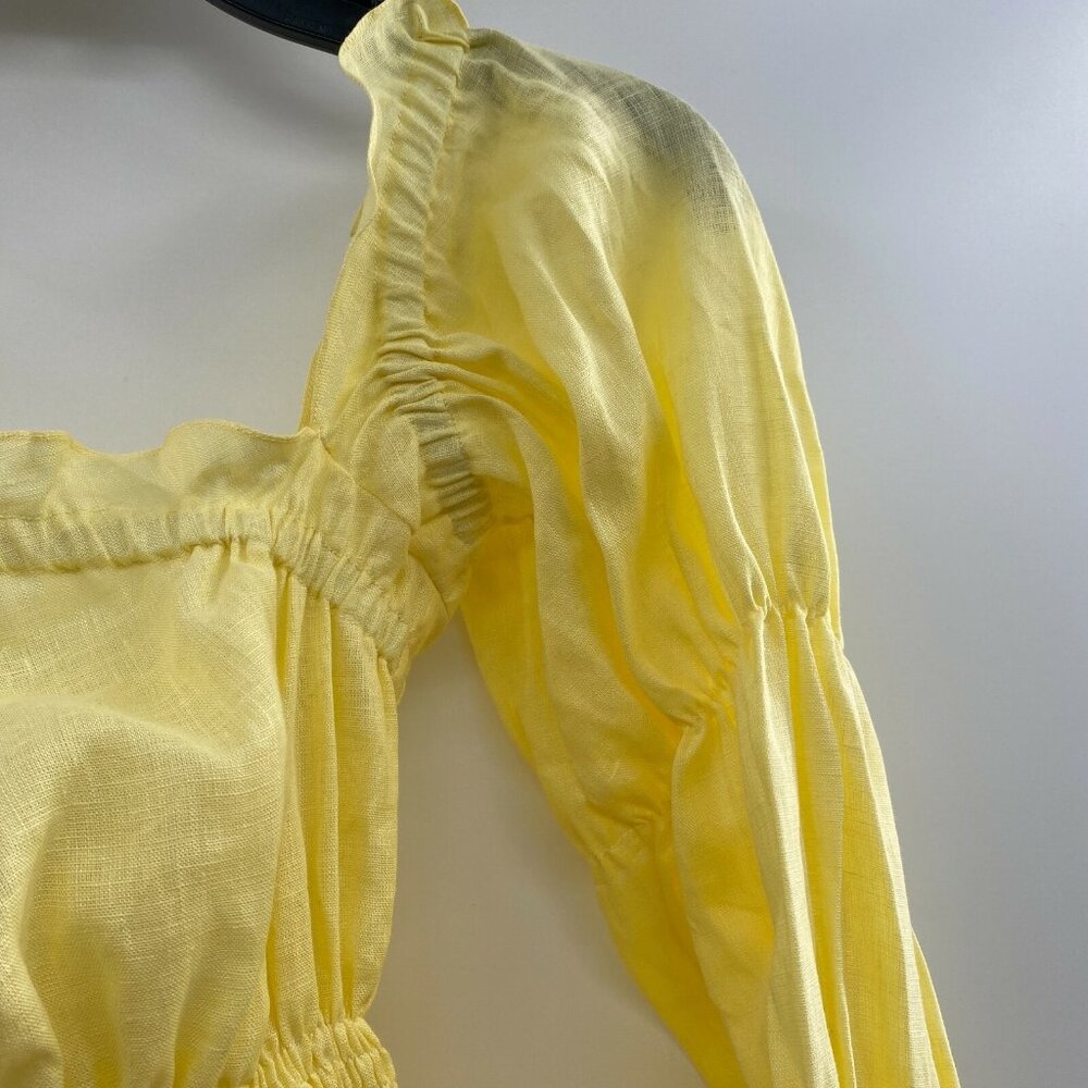 Sleeper Women’s Michelin Linen Midi Dress Lemon Yellow Smocked Puff Sleeve sz L - Picture 4 of 9